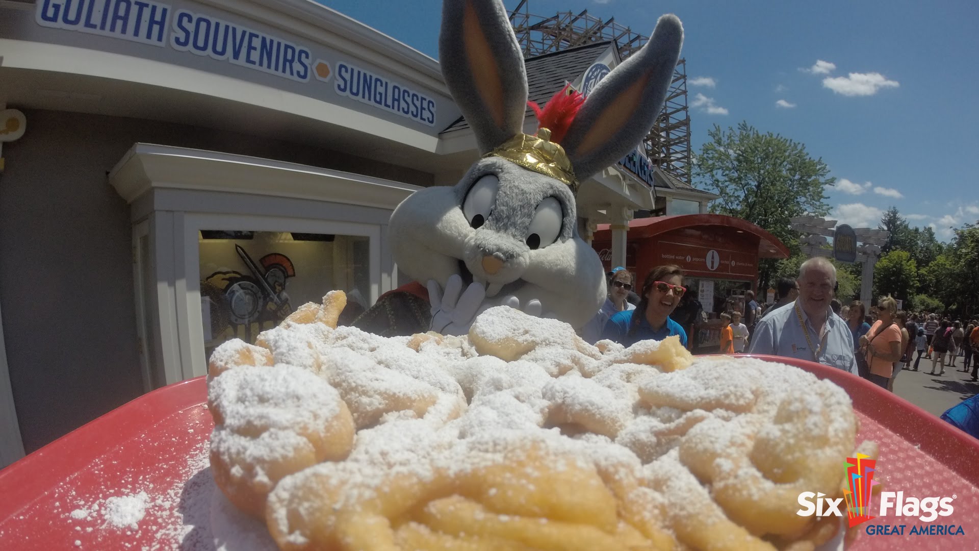 Bugs Bunny ready to chow down on a funnel cake